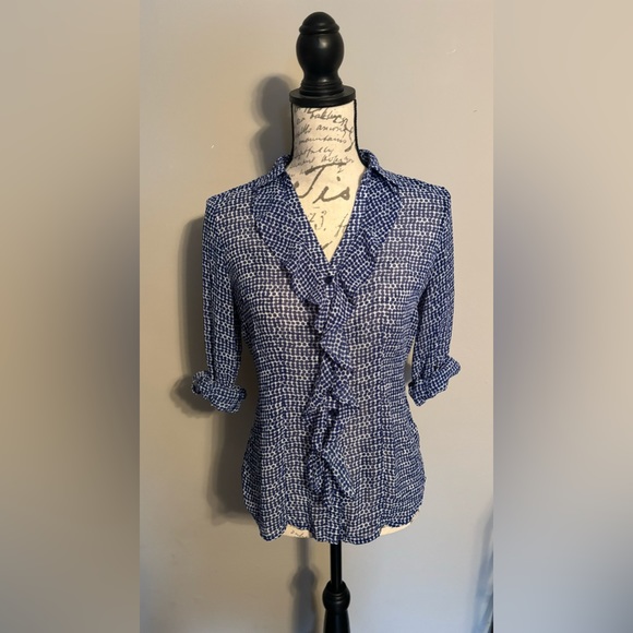 New York & Company Tops - NY&C Long Sleeve Blue & White Polka Dot Sheer Vintage Ruffle Top Size XS